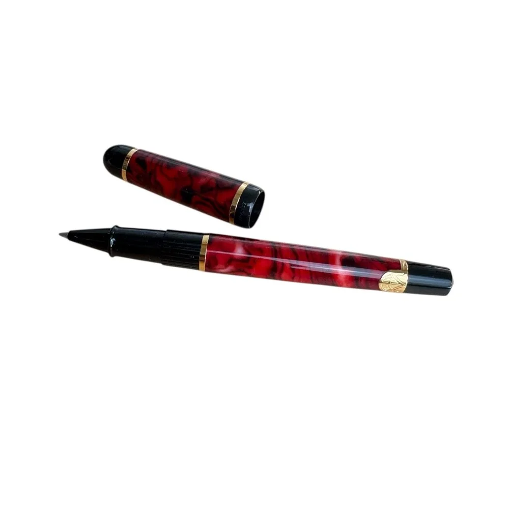 New Waterman Paris‎ Rollerball Pen Red Marble Gold Trim w/ Original Box Blue Ink